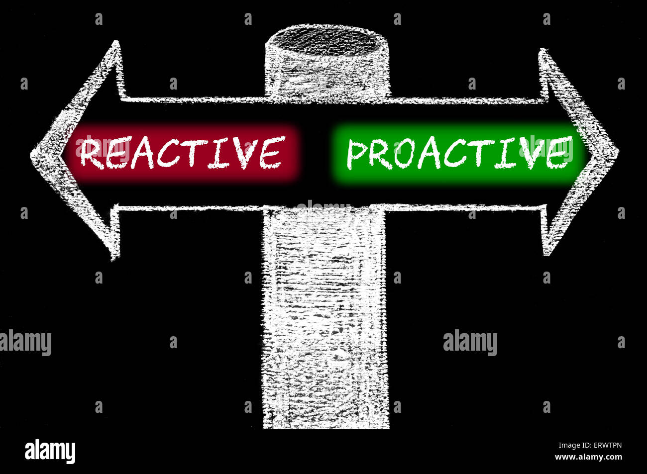Opposite arrows with Reactive versus Proactive. Hand drawing with chalk ...