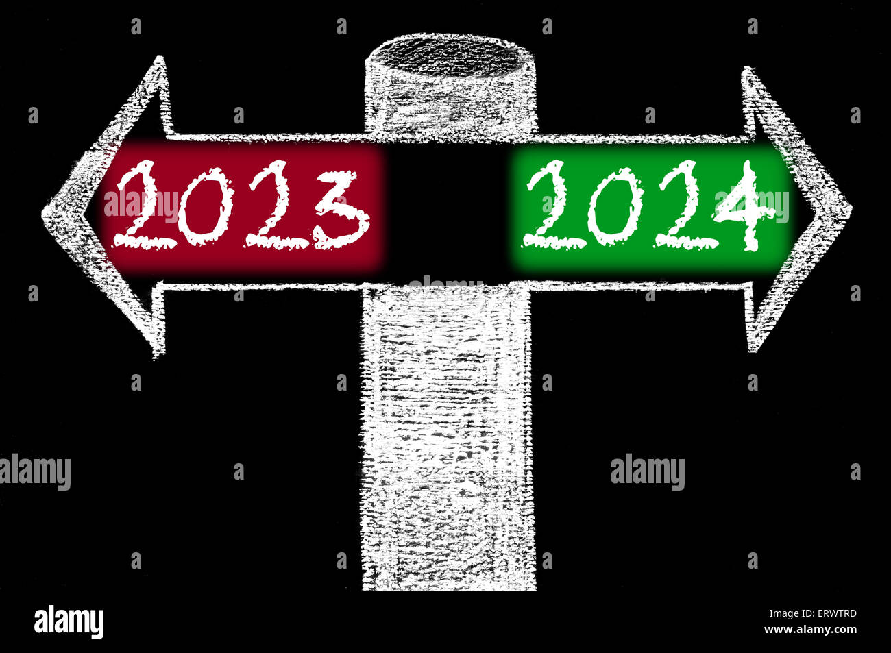 Opposite arrows with Year 2023 versus Year 2024. Hand drawing with