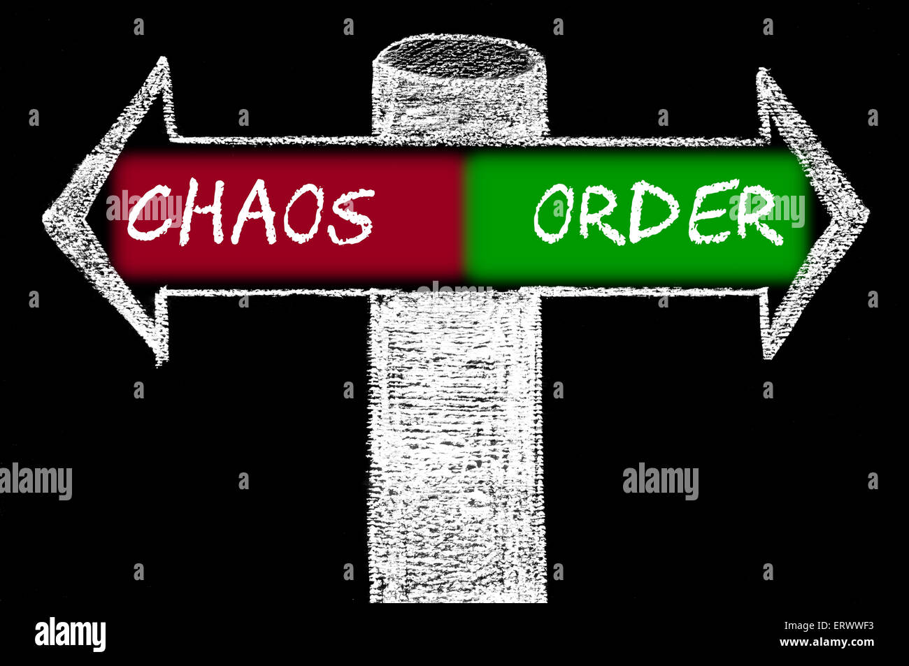 Opposite arrows with Chaos versus Order. Hand drawing with chalk on ...