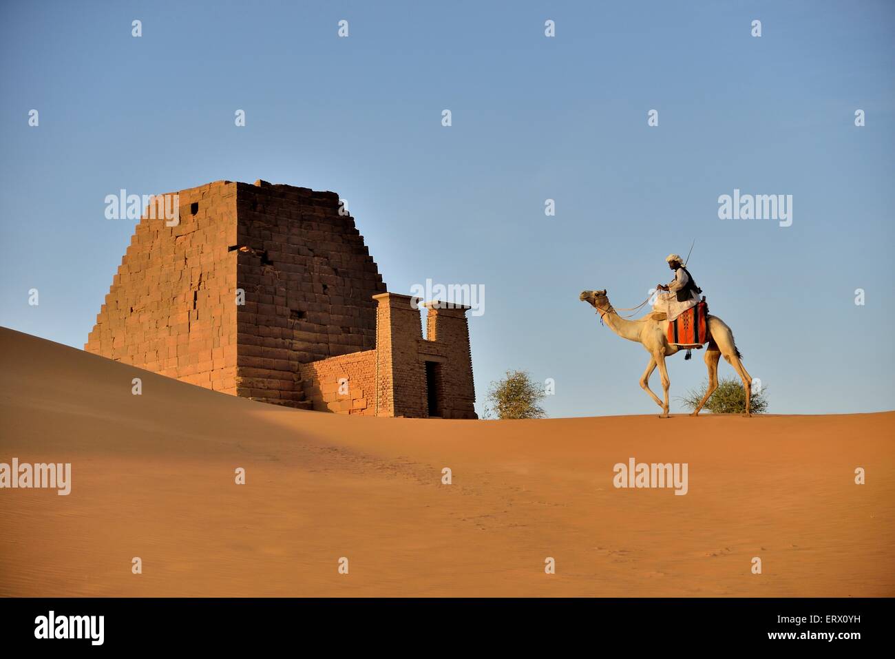Man riding a dromedar in front of a pyramid of the northern cemetery of Meroe, Nubia, Nahr an-Nil, Sudan Stock Photo