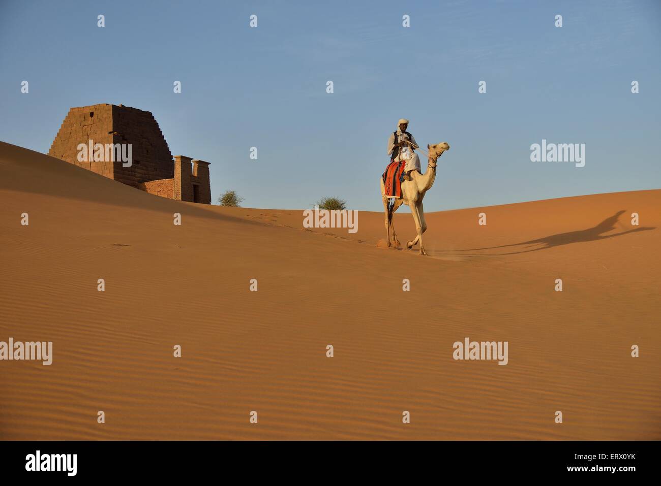 Man riding a dromedar in front of a pyramid of the northern cemetery of Meroe, Nubia, Nahr an-Nil, Sudan Stock Photo