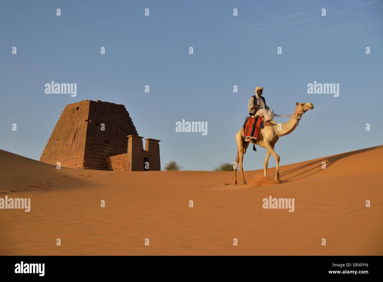 Man riding a dromedar in front of a pyramid of the northern cemetery of Meroe, Nubia, Nahr an-Nil, Sudan Stock Photo