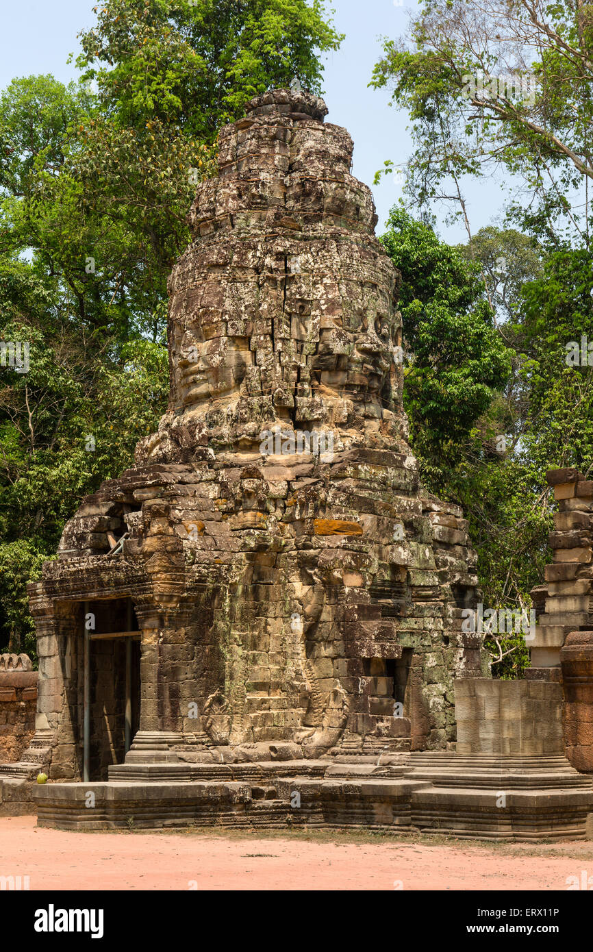 Western Gopuram with face tower, main entrance, fifth circle of walls, Ta Prohm Temple, Angkor Thom, Siem Reap Province Stock Photo