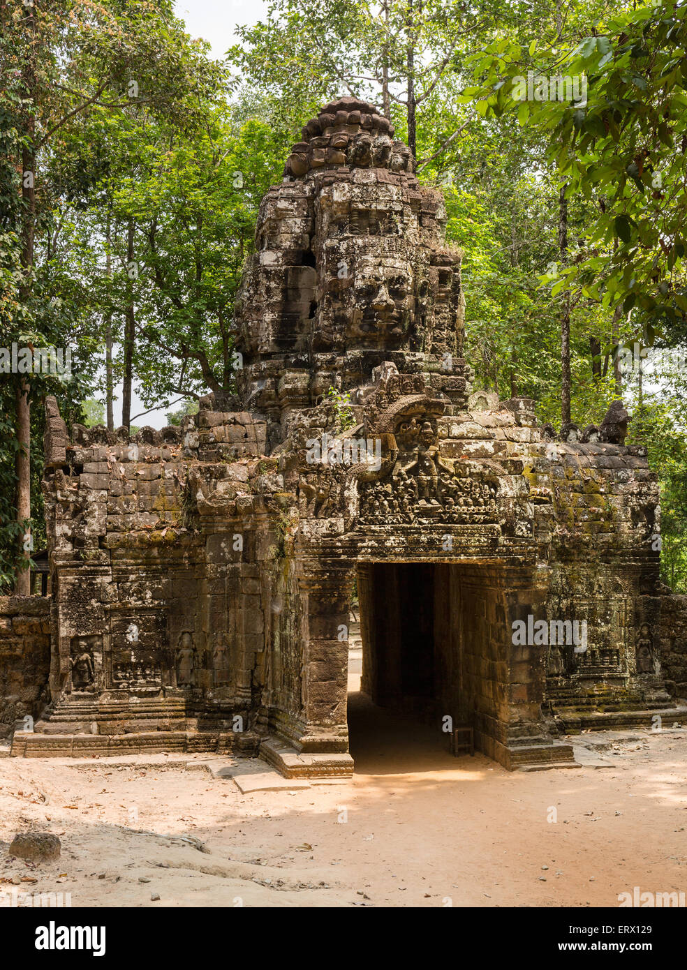 Western Gopuram, face tower at the entrance, Ta Som Temple, Angkor, Siem Reap Province, Cambodia Stock Photo