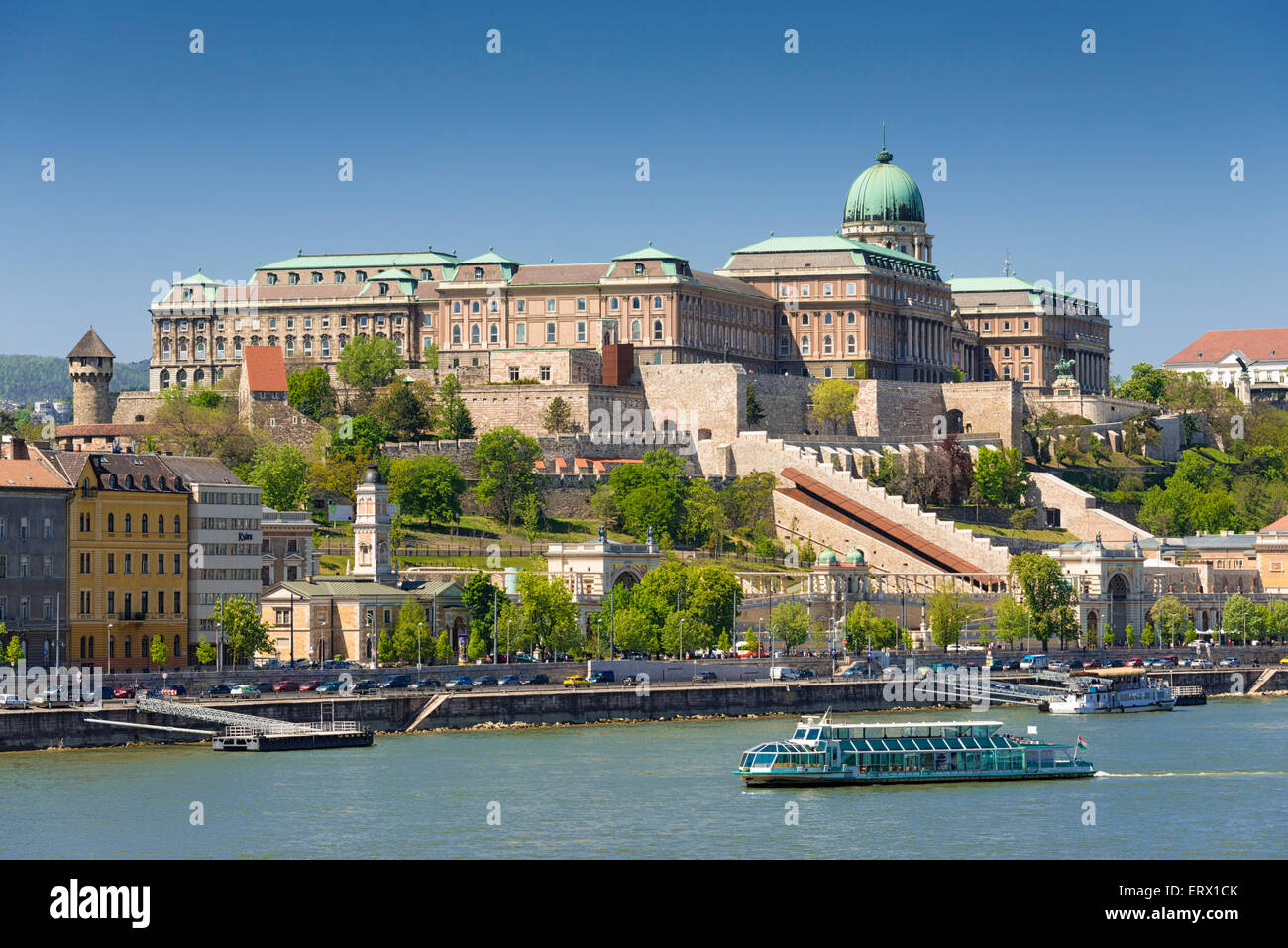 Castle Hill with Castle Palace, boat on the Danube, Budapest, Hungary Stock Photo