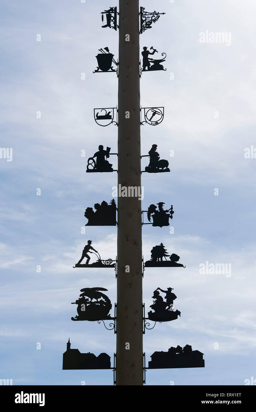 Maypole with signs of the local crafts, Seehausen am Staffelsee, Upper ...