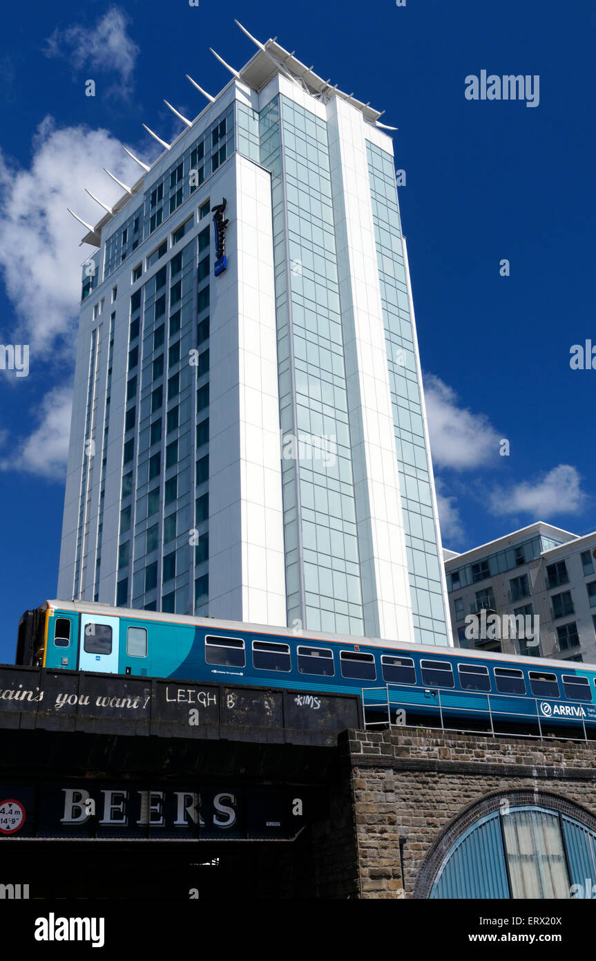Radisson Blu Hotel with Bute Street Bridge and train, Cardiff, South ...