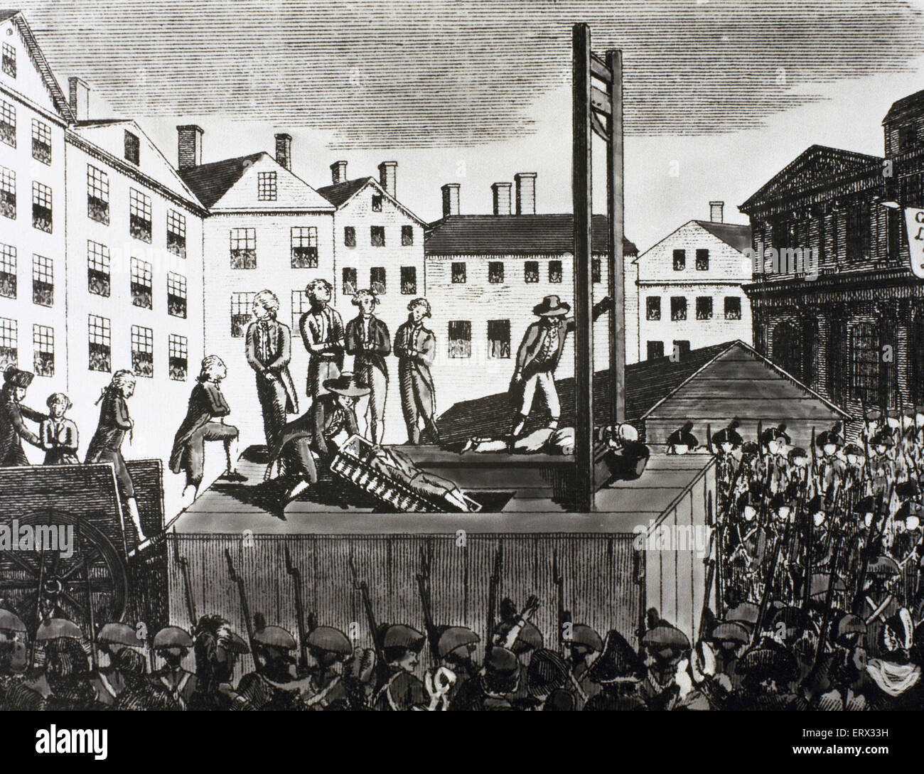 French Revolution (1789-1799). Execution of nine young immigrants sentenced to death by a revolutionary court in 1792. Engraving of the time. Stock Photo