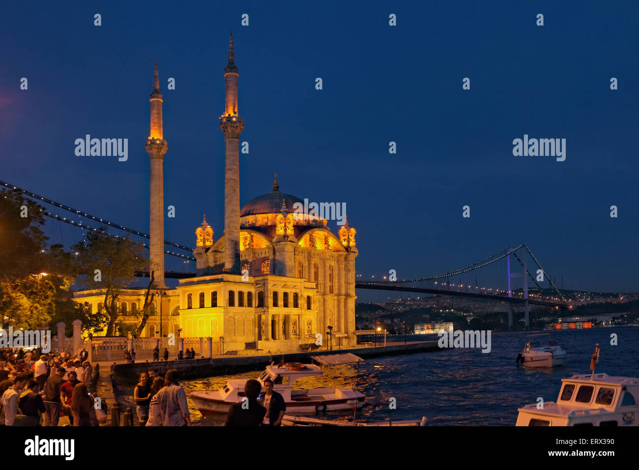 Ortakoy Bosphorus waterfront with the first Bosphorus bridge, Istanbul, Turkey. Stock Photo