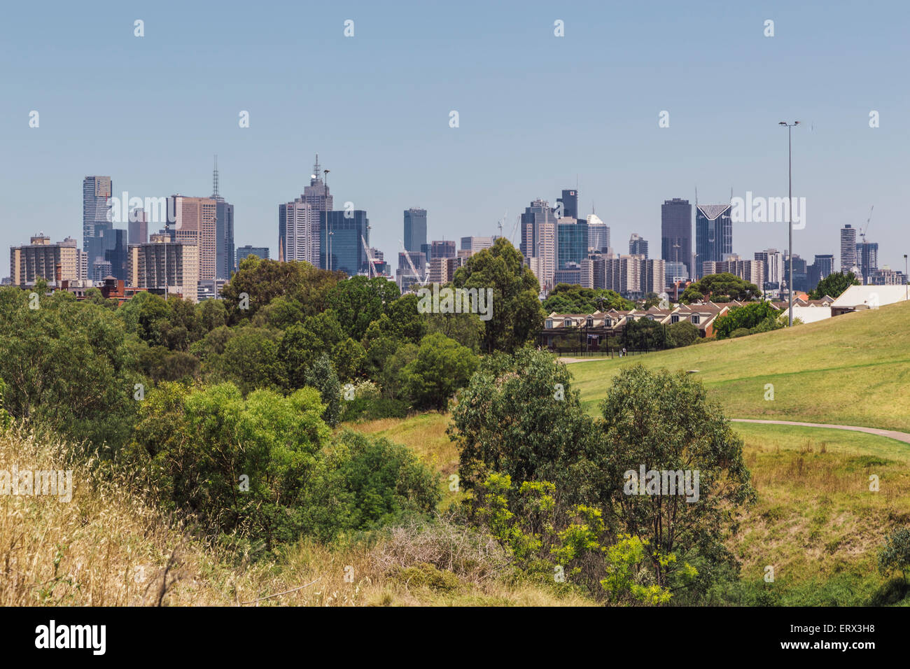 Melbourne city skyline seen from Yarra Bend Park, Clifton Hill, Melbourne,  Victoria, Australia, Merri Creek Trail in foreground Stock Photo - Alamy