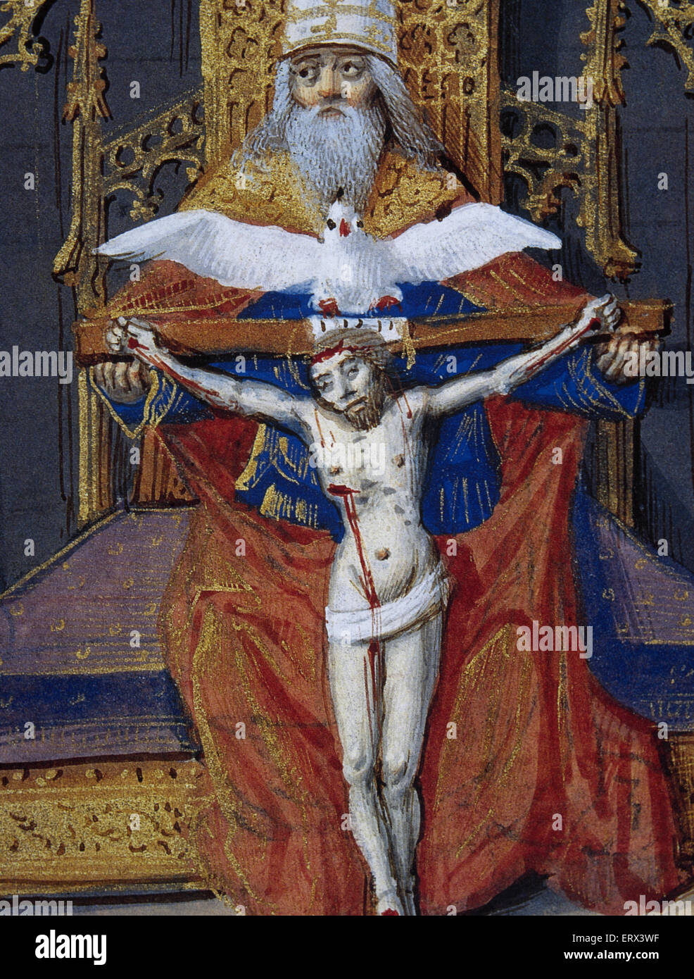 Trinity. Father, the Son (Jesus Christ), and the Holy Spirit. Minitature of Book of hours 15th century. France. Stock Photo