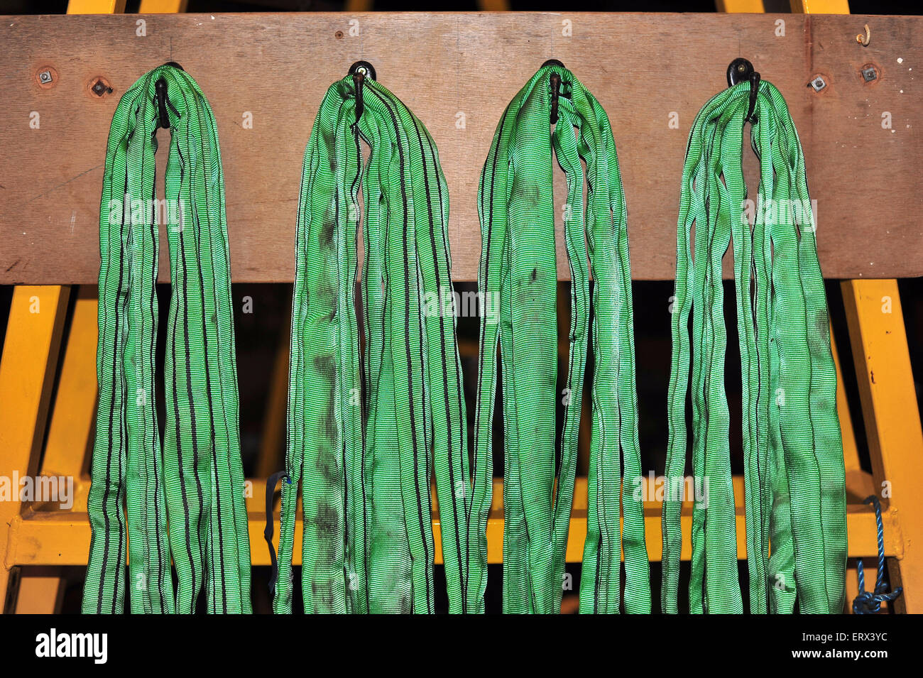 A set of four heavy duty green ropes hanging from hooks inside the M Shed museum in Bristol. Stock Photo