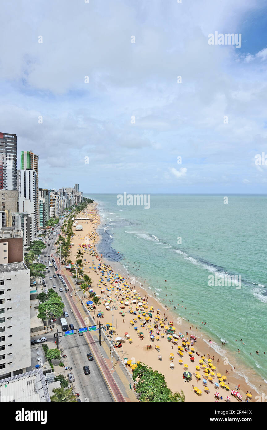 RECIFE, PERNAMBUCO, BRAZIL, SEPTEMBER 1, 2009. A view to the ocean boulevard with skyscrapers and the city beach. Stock Photo