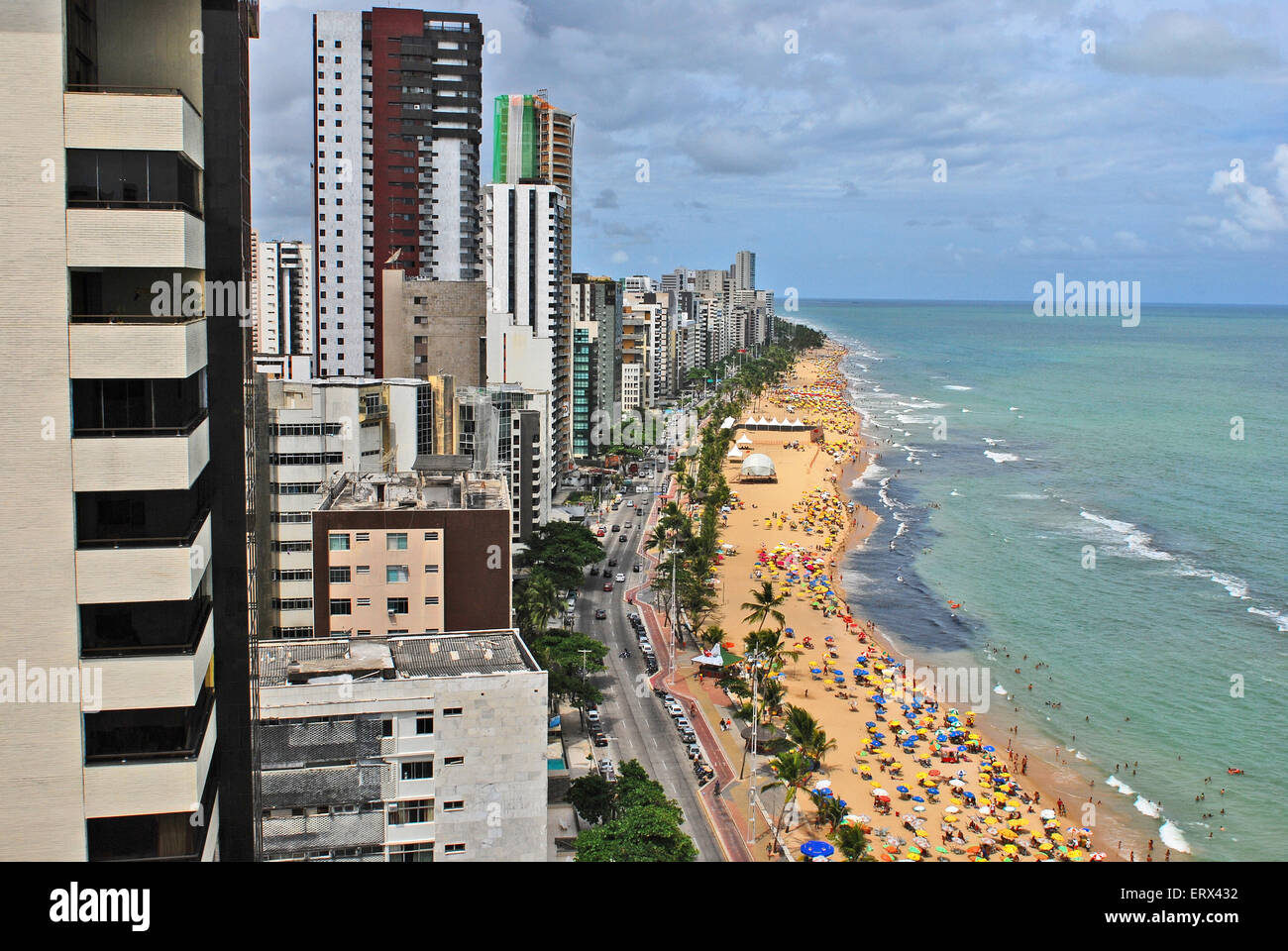 RECIFE, PERNAMBUCO, BRAZIL, SEPTEMBER 1, 2009. A view to the ocean boulevard with skyscrapers and the city beach. Stock Photo