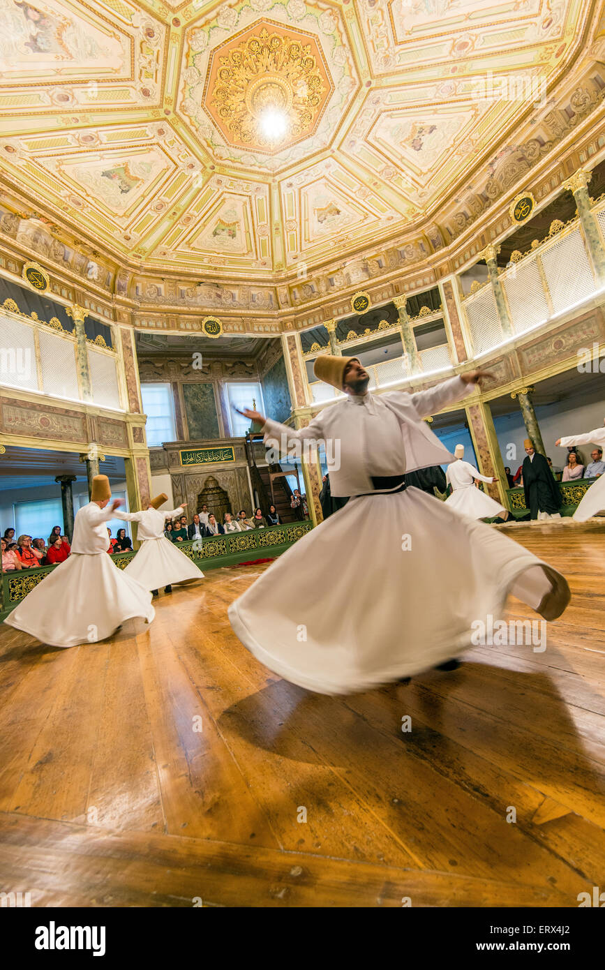 Whirling dervishes performing at Galata Mevlevi Museum, Istanbul, Turkey Stock Photo