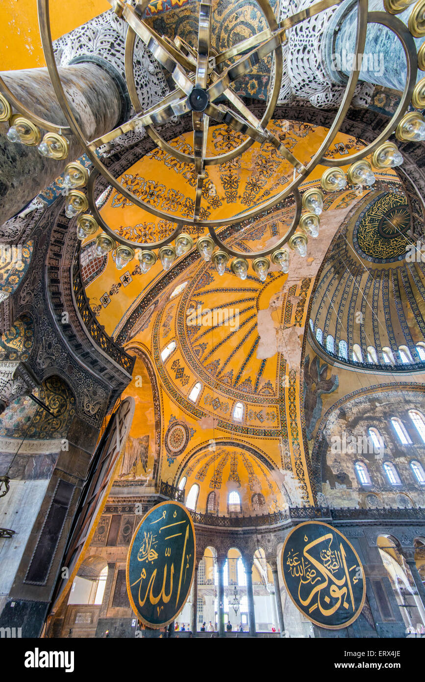 Interior view of Hagia Sophia with Ottoman medallion, Sultanahmet, Istanbul, Turkey Stock Photo