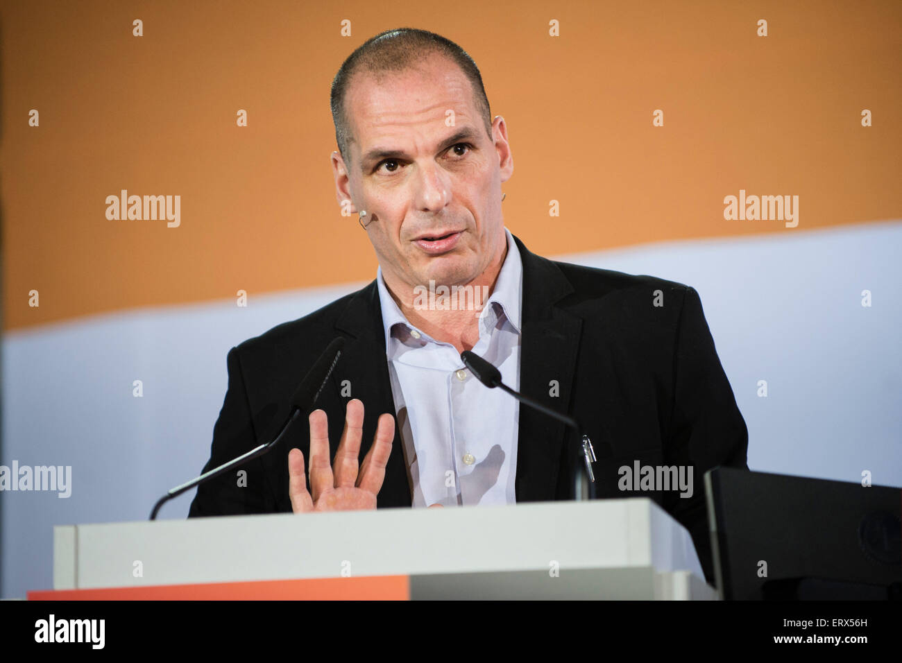 Greek Finance Minister Yanis Varoufakis speaks on the topic 'Greece's Future in the EU' during an event organized by the Hans Boeckler Foundation in the French Cathedral in Berlin, Germany, 08 June 2015. Photo: GREGOR FISCHER/dpa Stock Photo