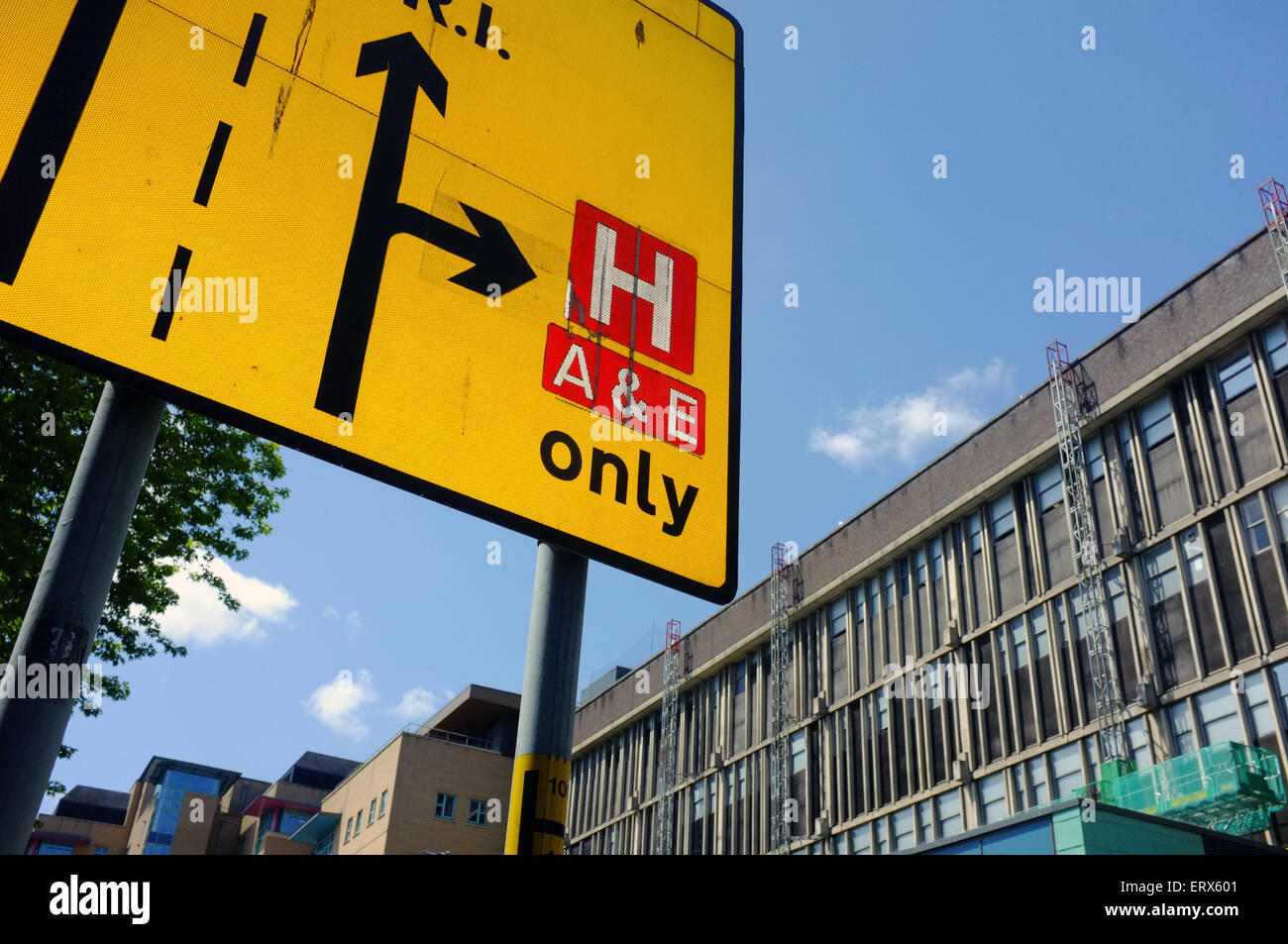 A Hospital A&E road sign in Bristol. Stock Photo