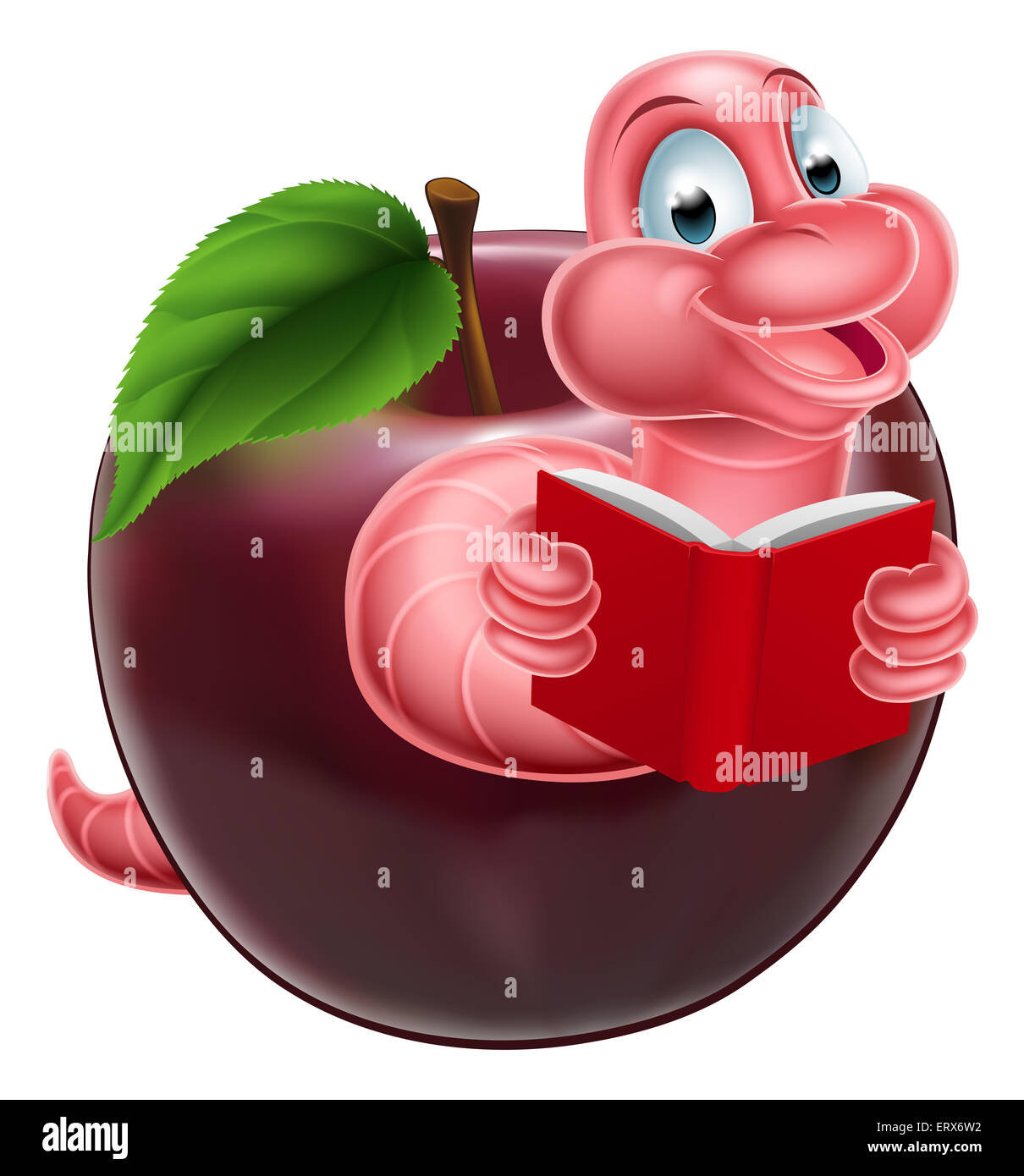 A happy smiling cute pink cartoon caterpillar worm bookworm coming out of an apple and reading a book Stock Photo