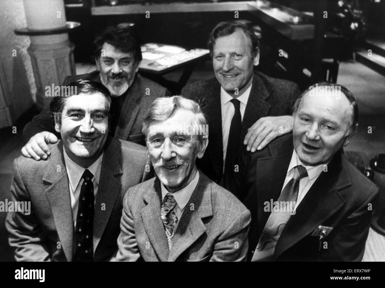 Frankie Burns Tyneside Comedian 16th March 1983 pictured with St Edmund crewmen left to right Norman Leyland Mike Rice Frankie Harry Keeble and Doug Fitzgerald. Caption. Entertainment starved troops in the Falklands will soon be treated to a laugh and a sing song thanks to Tyneside music hall stars. A tape recording of Balmbra's old time music hall show in Niewcastle is being sent thousands of miles to the South Atlantic. It all started when some of the crew of the M.V. St Edmund sailed into the Tyne from the Falklands for the vessel to be repaired at Wallsend dry dock. Some of the crew Stock Photo