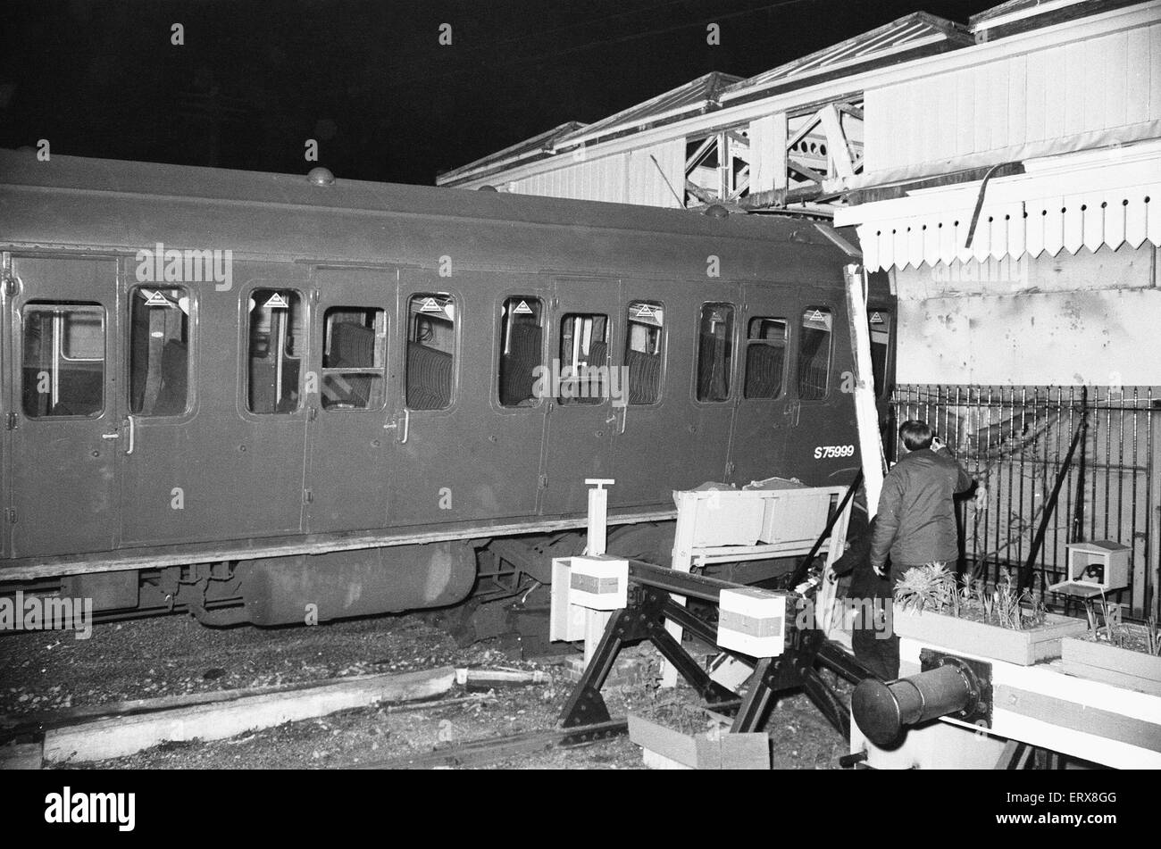 Rail accident at Sheerness-on-Sea station: at 18:57 on Friday 26th February 1971, the 17:16 service from Victoria failed to stop. Consequently, the ten-carriage train,  demolished the buffer stops, which sent the leading coach lacking front bogie  crashing onto the concourse. The leading coach proceeded to demolish the booking hall half of the timber station building, which hitherto had remained virtually unchanged from its 1883 appearance. The accident resulted in one fatality and thirteen. Stock Photo