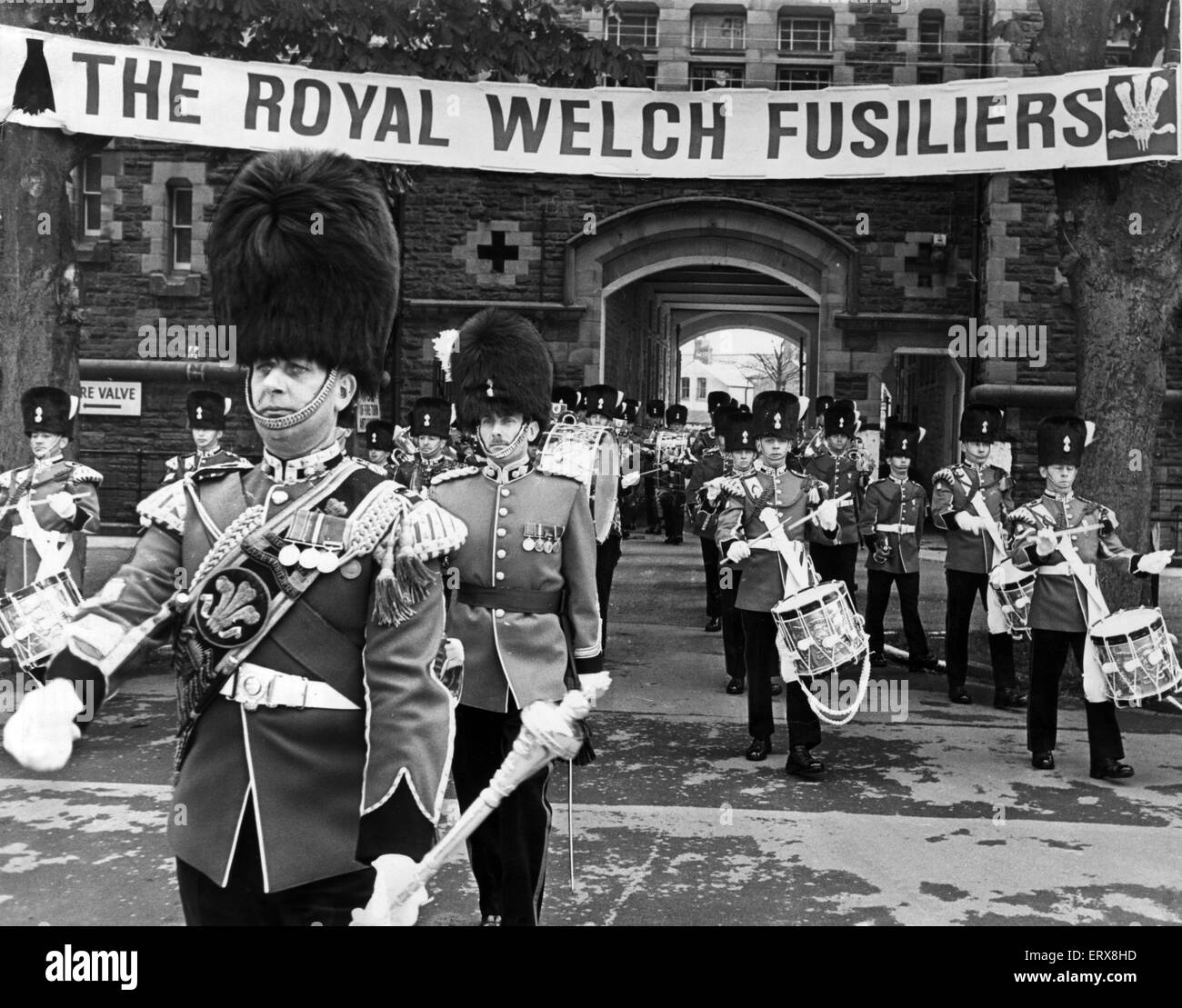The 1st Battalion of the Royal Welch Fusiliers, march into Maindy Barracks, Cardiff, as part of rehearsals for the battalion's display in South Wales, 16th May 1968. Stock Photo