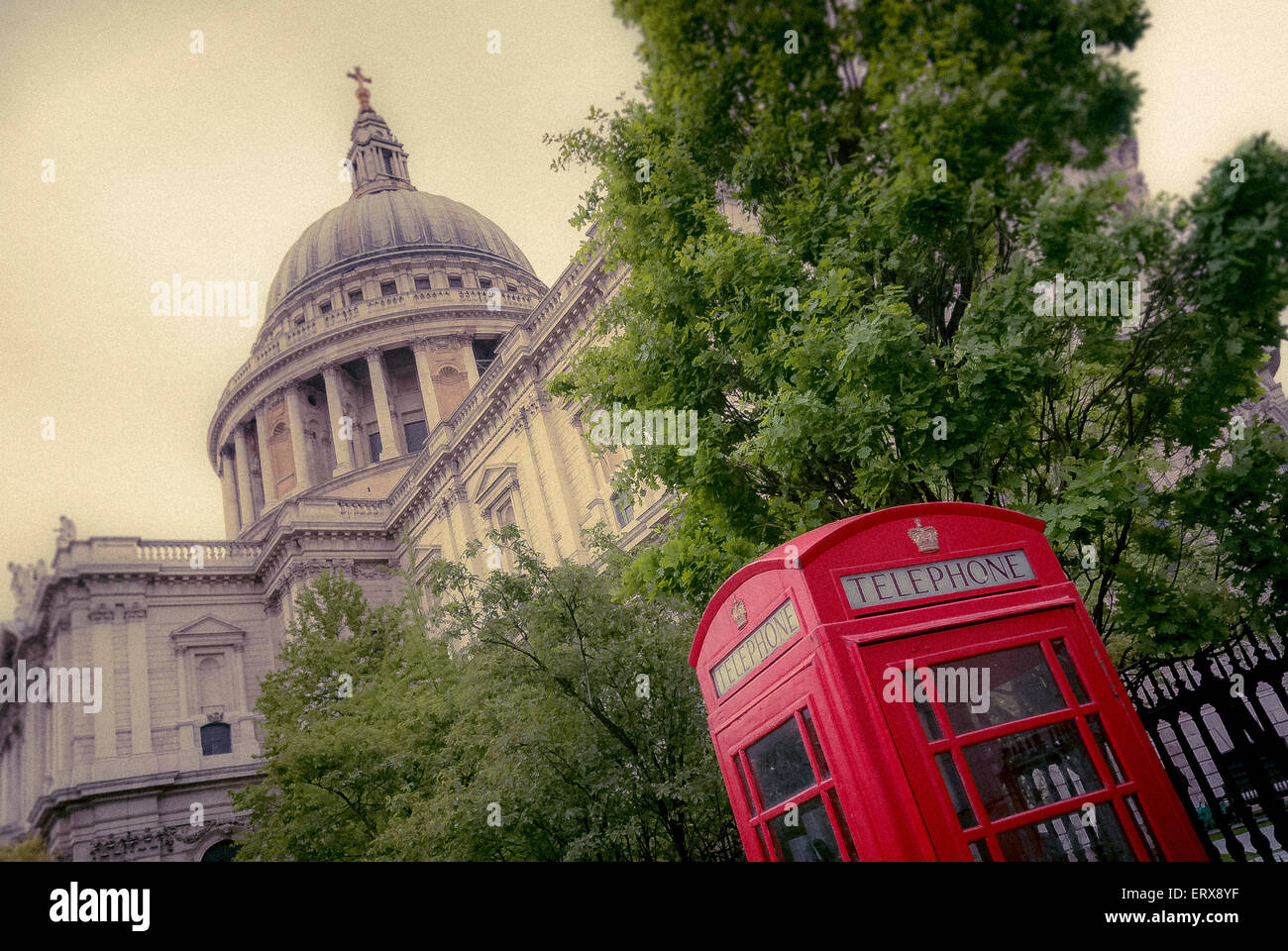 Traditional red telephone box outside St Paul's Cathedral, London, UK. Stock Photo