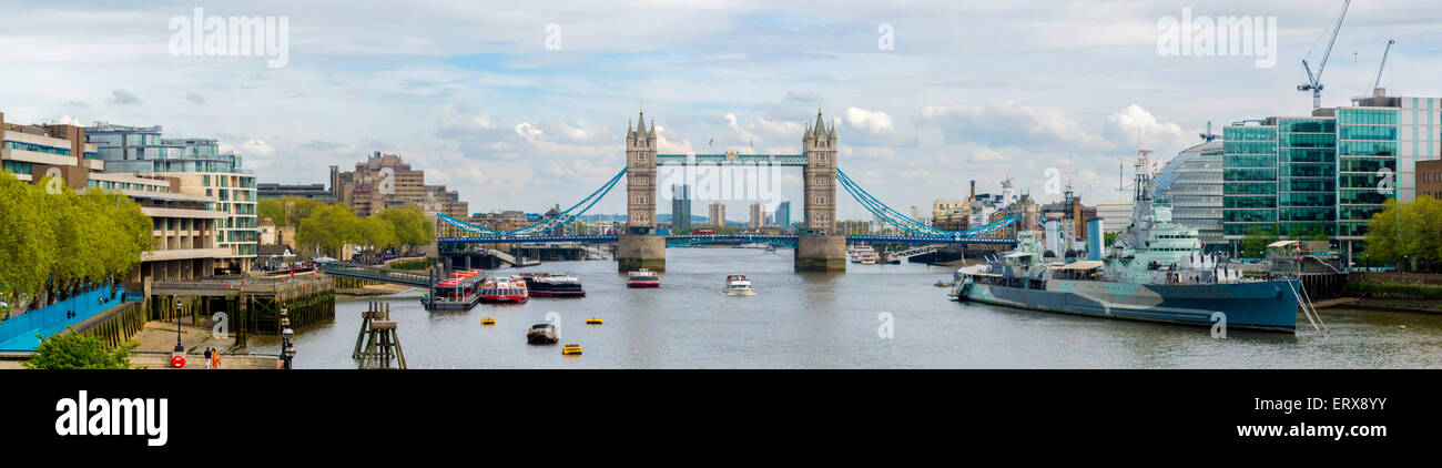 Panoramic view of Tower Bridge and River Thames, London, UK. Stock Photo