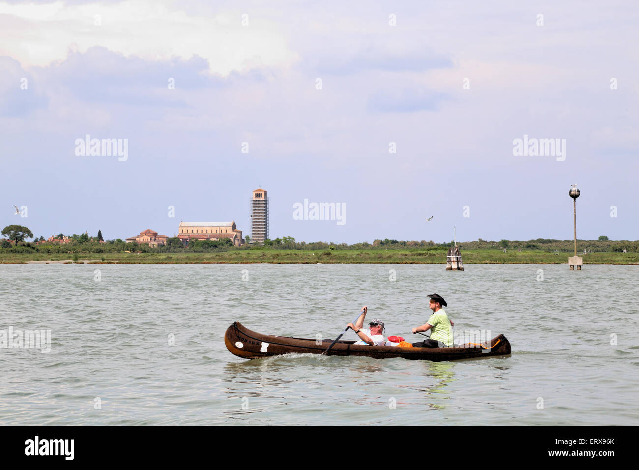Canoeing in the Venetian Lagoon, Laguna Veneta, in front of Torcello Island Stock Photo