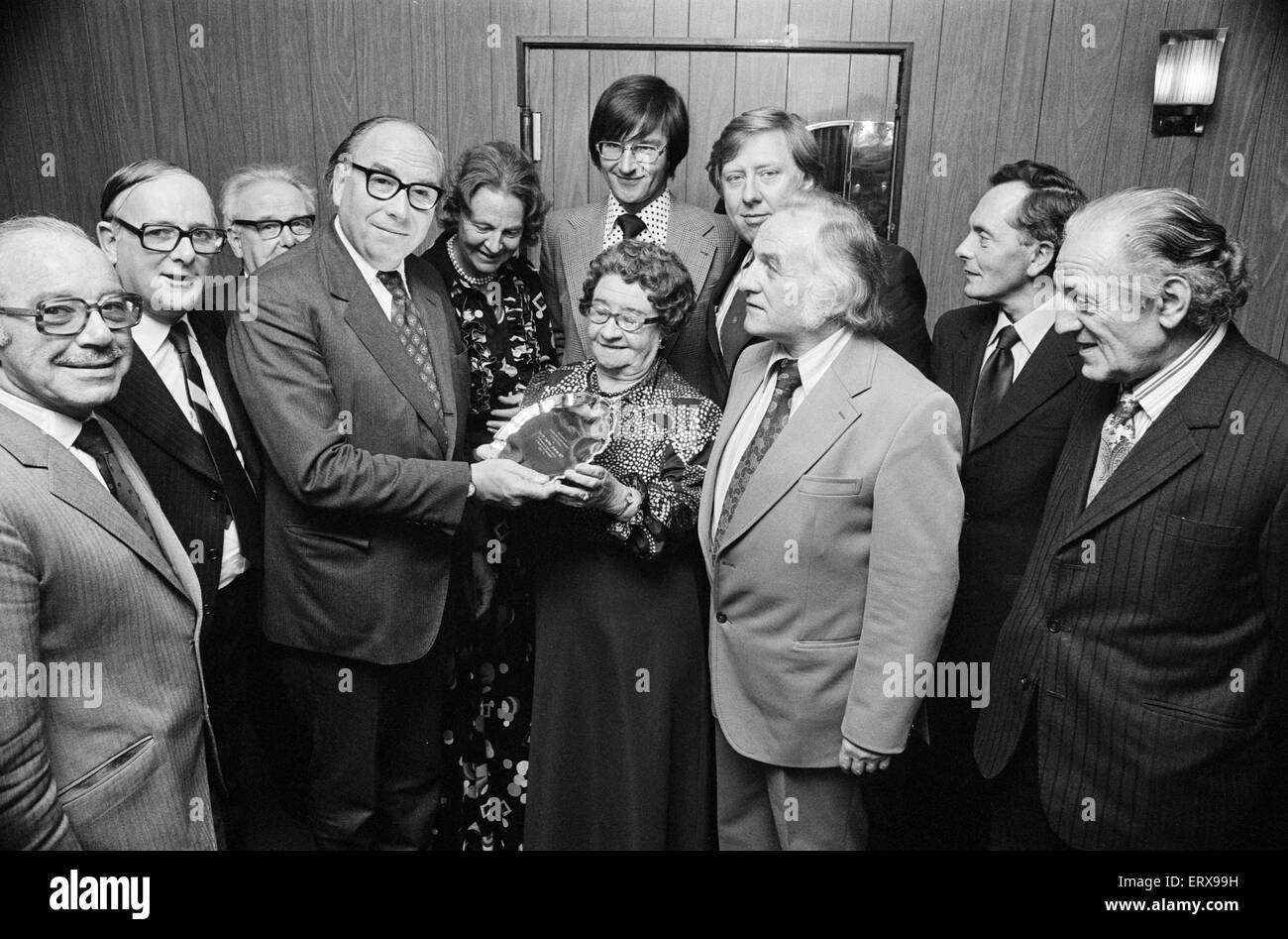 Home Secretary Roy Jenkins is presented with a silver platter to mark his 25 years an an MP for the Birmingham constituency of Stechford. 26th September 1975. Stock Photo