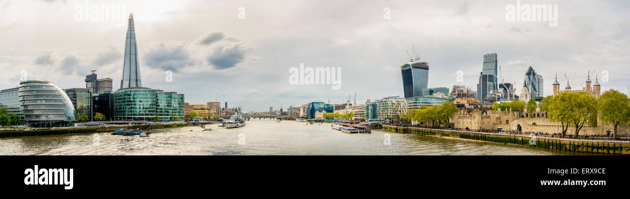 Panoramic view of the River Thames from Tower Bridge showing City Hall, The Shard, HMS Belfast, London Bridge, Northern and Shel Stock Photo
