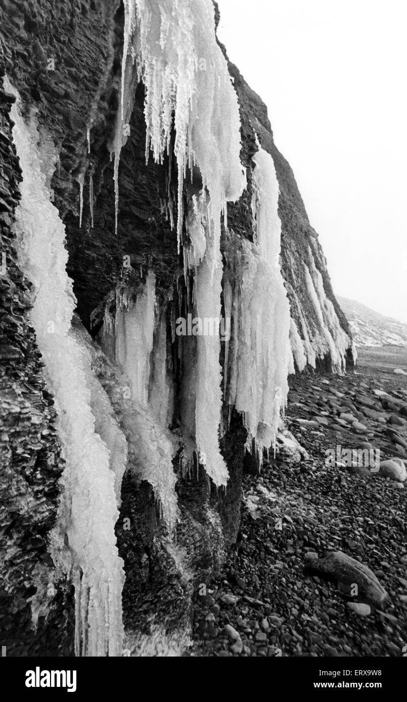 Even the salt laden air at salt burn couldn't prevent ice from forming down the rock face of the cliff during a colder spell of weather. 11th January 1982. Stock Photo