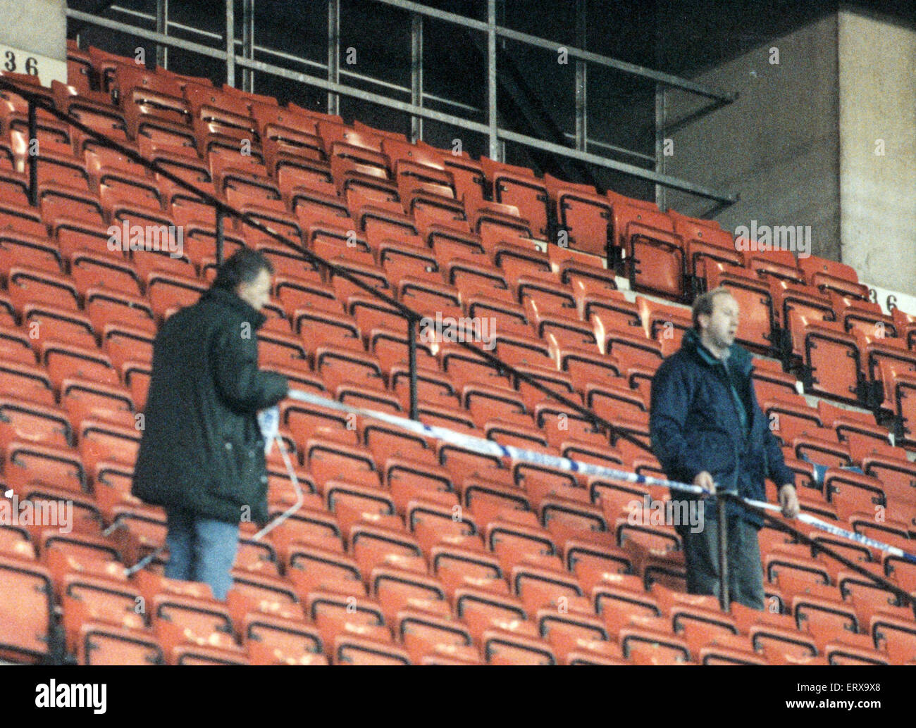 John Hill, Welsh Football Fan, was killed by a marine distress flare, thrown towards the end of match, Wales 1-2 Romania, 1994 World Cup qualifier at Cardiff Arms Park, Wednesday 17th November 1993. Pictured. Police corner off and conduct search of crime Stock Photo
