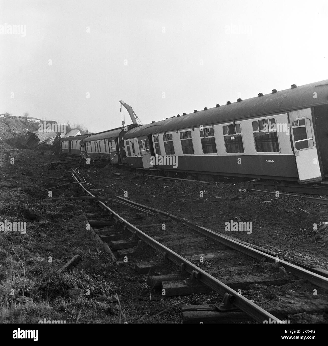 Morpeth Rail Crash On 7 May 1969 a northbound sleeper express train from London to Aberdeen derailed on the Morpeth curve. Six people were killed, 21 were injured and the roof of the station's northbound platform was damaged. Stock Photo