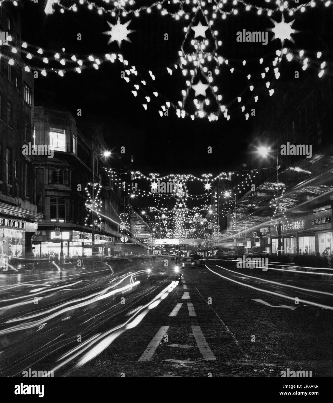 The Christmas lights in Church Street, Liverpool shortly after they were switch on by commedian Ken Dodd. 28th November 1969 Stock Photo