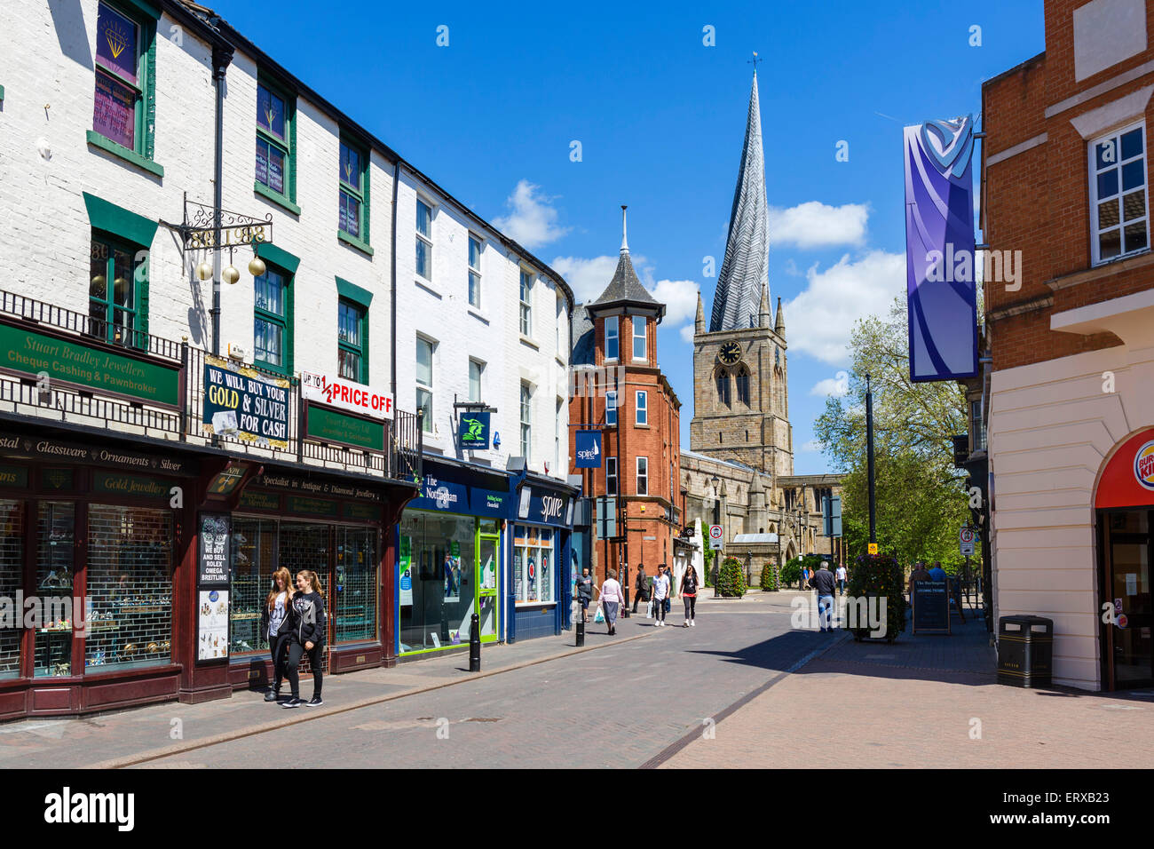 Burlington St in town centre looking towards Church of St Mary & All Saints with its Crooked Spire, Chesterfield, Derbyshire, UK Stock Photo
