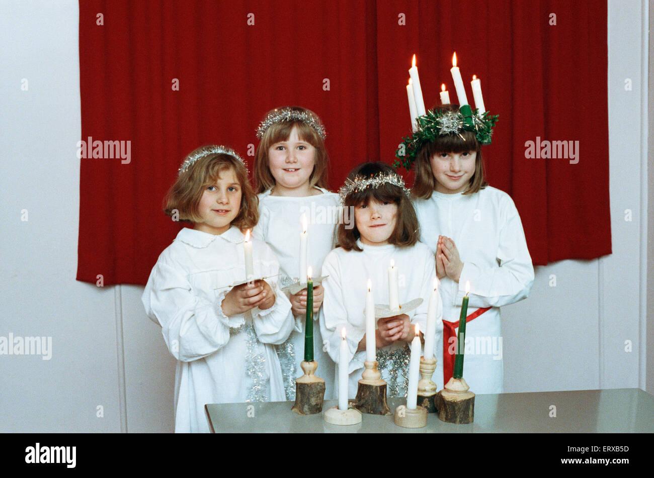 Kirklees Anglo Scandinavian Society celebrating Luciafest (Saint Lucy's Day) at Stocksmoor Village Hall.  16th December 1991. Stock Photo