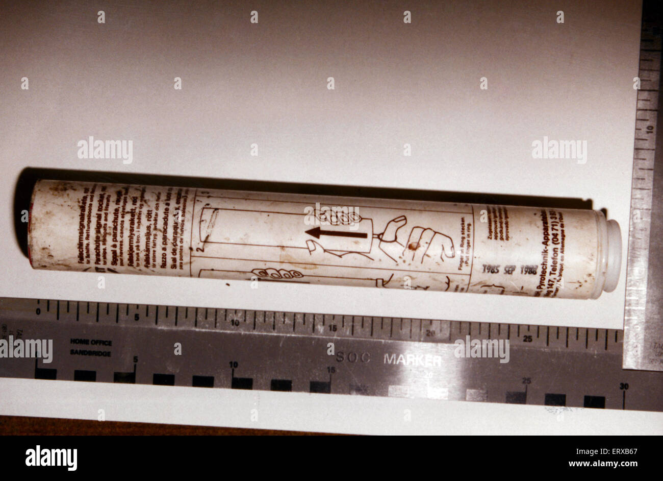 John Hill, Welsh Football Fan, was killed by a marine distress flare, thrown towards the end of match, Wales 1-2 Romania, 1994 World Cup qualifier at Cardiff Arms Park, Wednesday 17th November 1993. Pictured. Flare, pictured against measuring ruler to sho Stock Photo