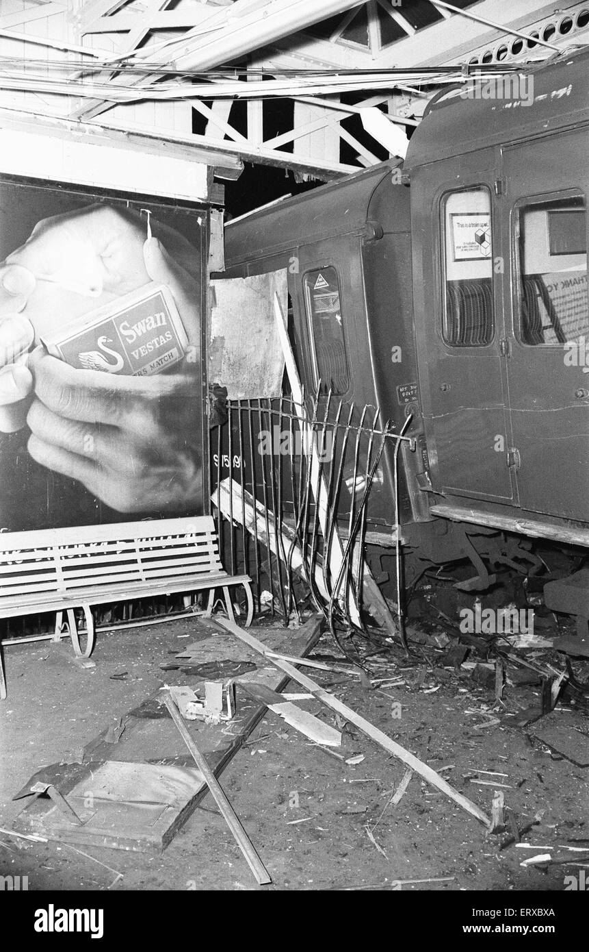 Rail accident at Sheerness-on-Sea station: at 18:57 on Friday 26th February 1971, the 17:16 service from Victoria failed to stop. Consequently, the ten-carriage train,  demolished the buffer stops, which sent the leading coach lacking front bogie  crashing onto the concourse. The leading coach proceeded to demolish the booking hall half of the timber station building, which hitherto had remained virtually unchanged from its 1883 appearance. The accident resulted in one fatality and thirteen. Stock Photo