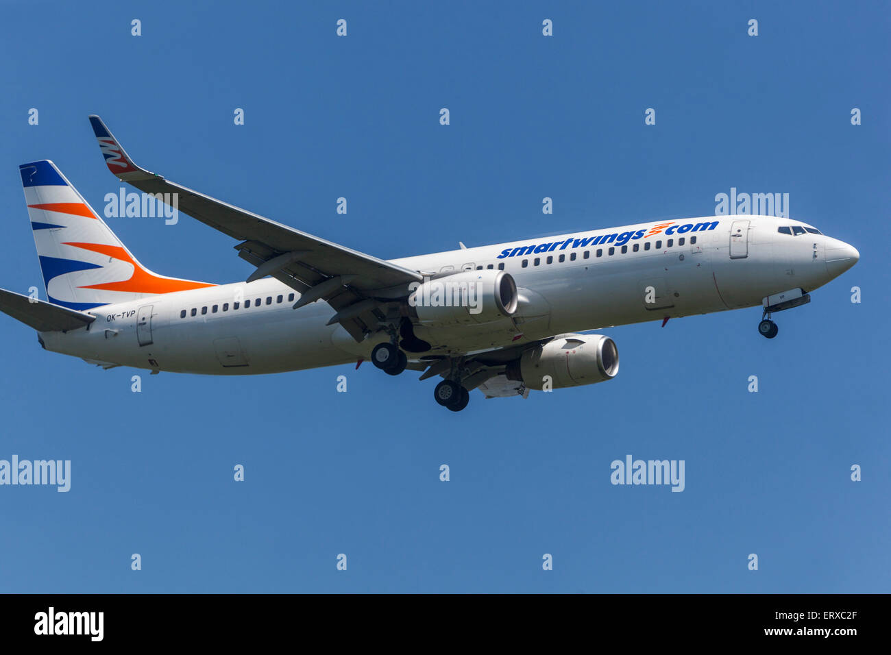 Boeing 737 Smartwings plane on approach for landing Prague, Czech Republic Stock Photo