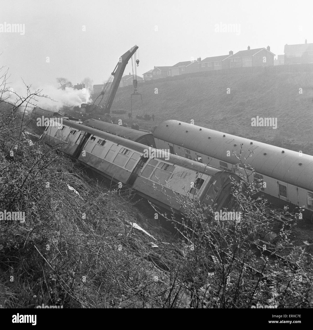 Morpeth Rail Crash On 7 May 1969 a northbound sleeper express train from London to Aberdeen derailed on the Morpeth curve. Six people were killed, 21 were injured and the roof of the station's northbound platform was damaged. Stock Photo