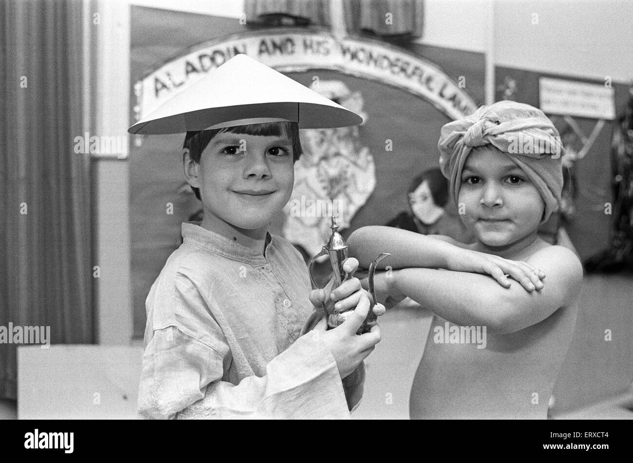 Berry Brow School Pantomime Aladdin, pictures of Aladdin and Genie. 14th December 1985. Stock Photo