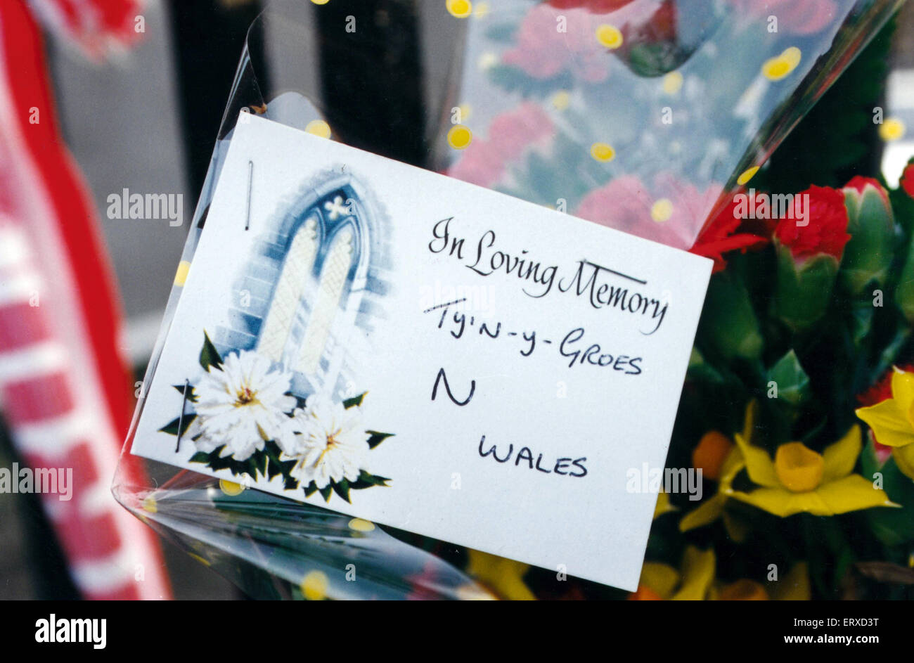 John Hill, Welsh Football Fan, was killed by a marine distress flare, thrown towards the end of match, Wales 1-2 Romania, 1994 World Cup qualifier at Cardiff Arms Park, Wednesday 17th November 1993. Pictured. Floral tributes, at gates to the entrance of C Stock Photo