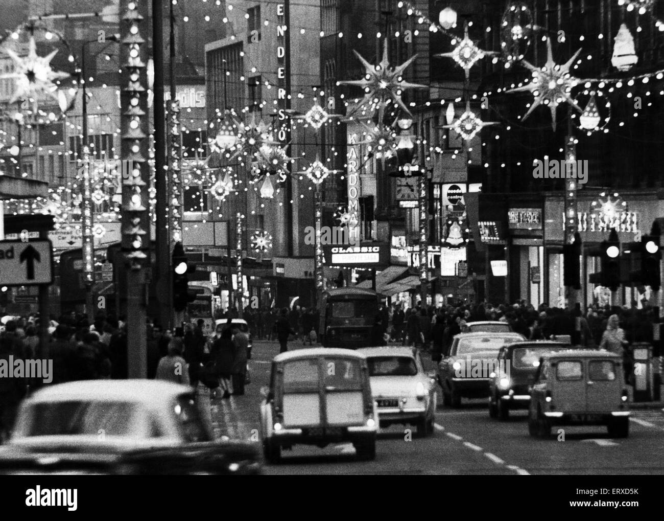 Christmas lights illuminated a busy Church Street, Liverpool, packed with christmas shoppers