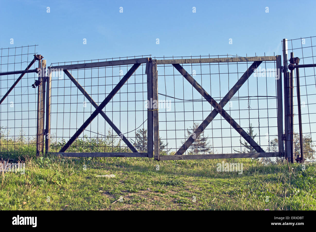 Old wooden metal fence and green grass with blue sky Stock Photo