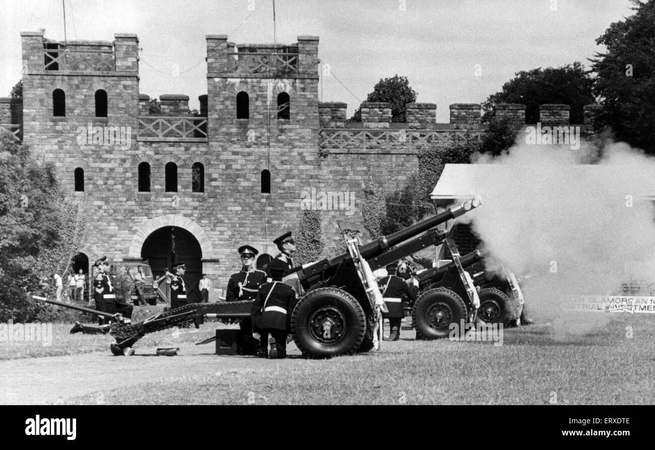 The Guns of the C Glamorgan Yeomanry of the Royal Artillary Volunteers, give a 21 gun salute at Cardiff Castle, to mark the 83rd birthday of the Queen Mother, Cardiff, Wales, Thursday 4th August 1983. Stock Photo