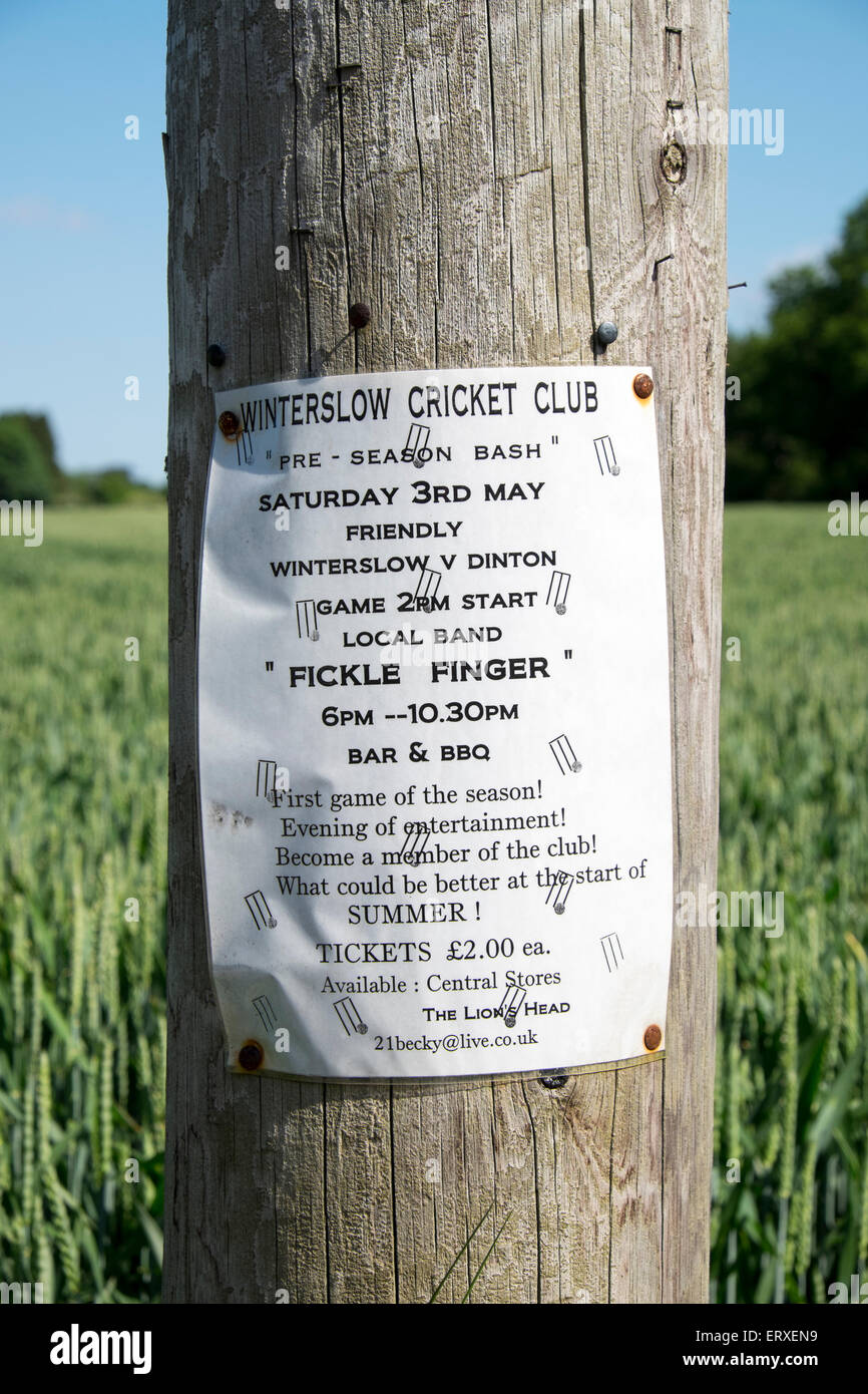 Old flier poster pinned to a wooden telegraph pole advertising a UK cricket match and entertainment Stock Photo
