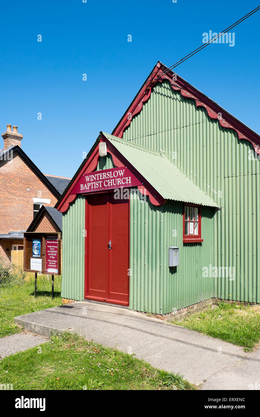 UK Baptist church made of corrugated iron and painted in bright colours situated in Winterslow Wiltshire Stock Photo