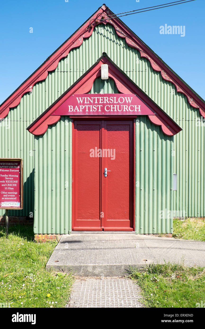 UK Baptist church made of corrugated iron and painted in bright colours situated in Winterslow Wiltshire Stock Photo