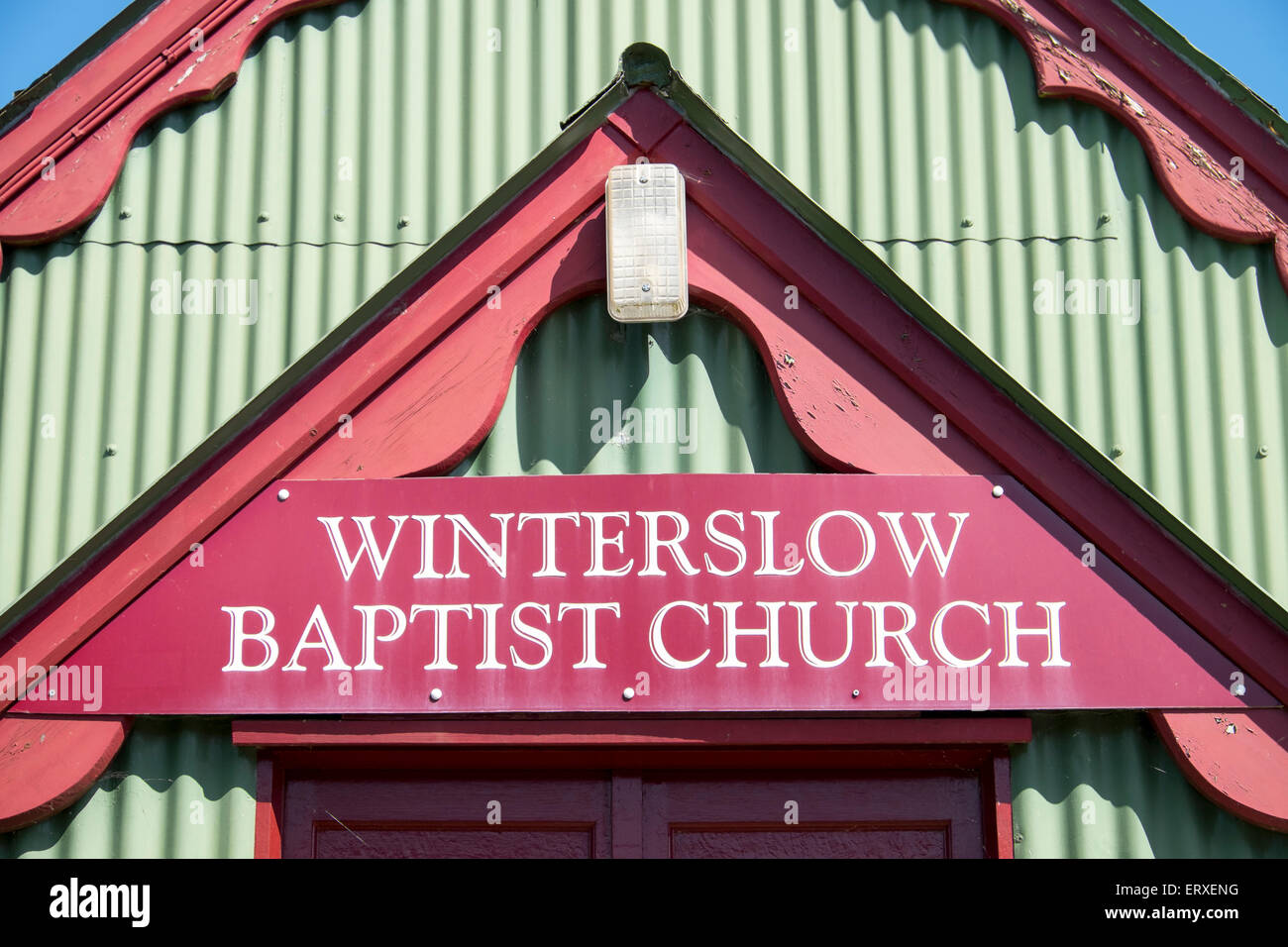 UK Baptist church made of corrugated iron and painted in bright colours situated in Winterslow Wiltshire Stock Photo